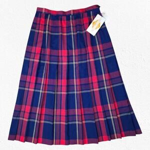 1970s Vintage Pendleton Red Navy Tartan Plaid Wool Midi Pleated Skirt Size 16